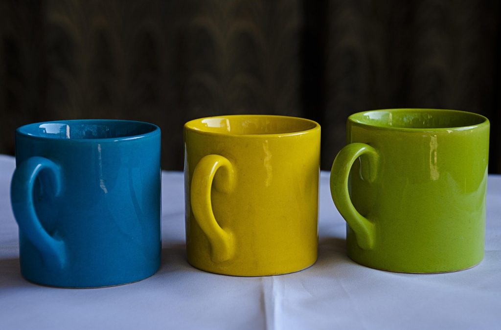 mugs, china clay, chinaware, coffee cup, cup, blue, green, yellow, pottery, clay, china, porcelain, ceramic, teacup, kitchenware, crockery, vessel, coffee